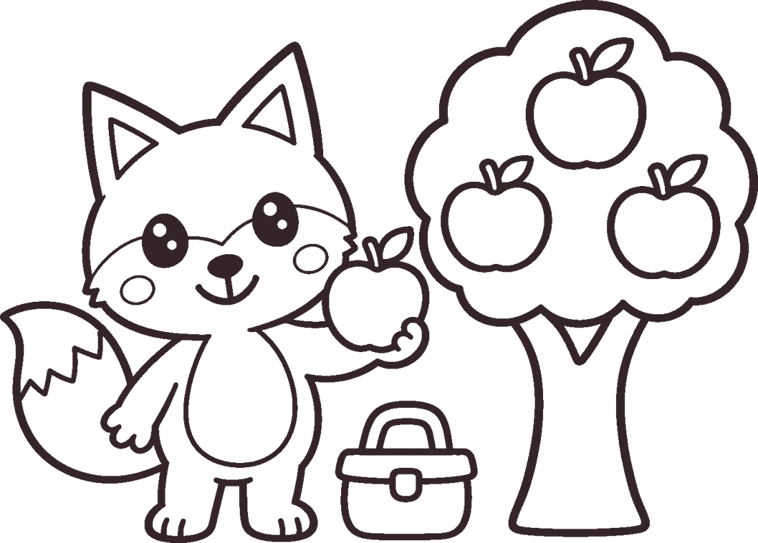 A page from the book: Kiko holding an apple next to an apple tree