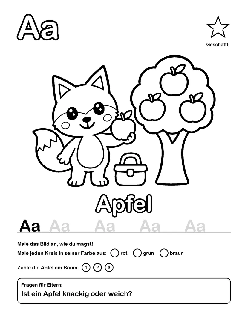 Die A-Seite: Kiko und der Apfelbaum, das Wort Apfel, Buchstaben zum Nachspuren, Farbkreise, Zählen und eine Frage für Eltern