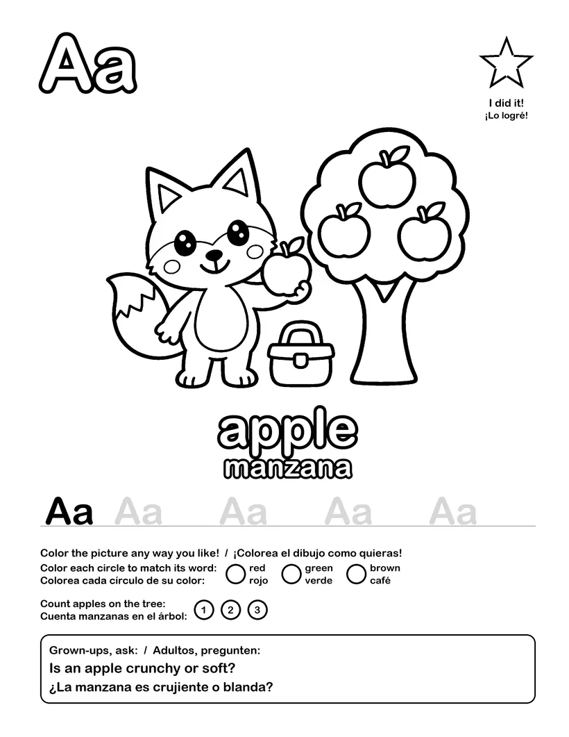 La página de la A: Kiko y el manzano, apple / manzana, letras para repasar, círculos de colores, números y una pregunta en dos idiomas