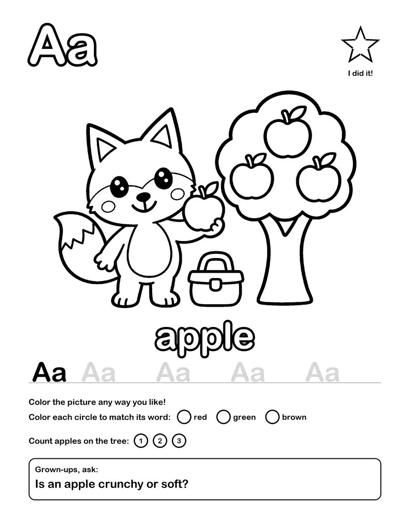 The letter A page: Kiko and the apple tree, the word apple, letters to trace, color circles, counting and a question for grown-ups