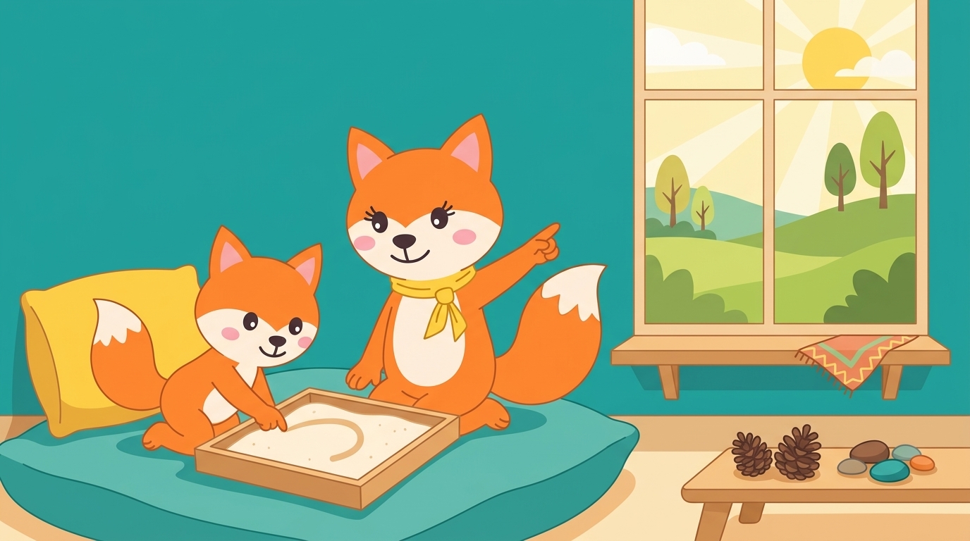 Kiko the Little Fox traces a shape in a sand tray while Mama Fox smiles and points nearby. A calm, hands-on learning moment a