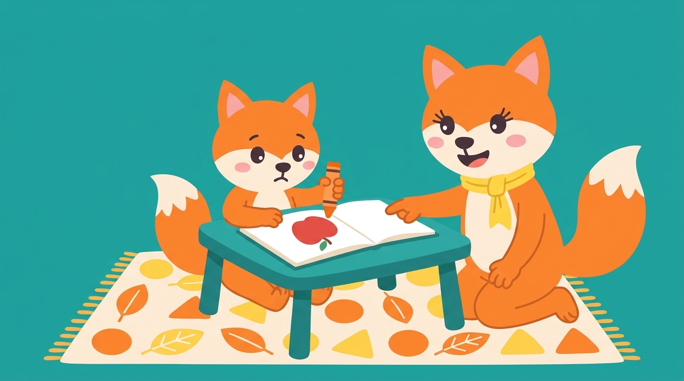 Kiko the Little Fox colors a big simple apple picture with a chunky crayon while Mama Fox points and smiles beside them.
