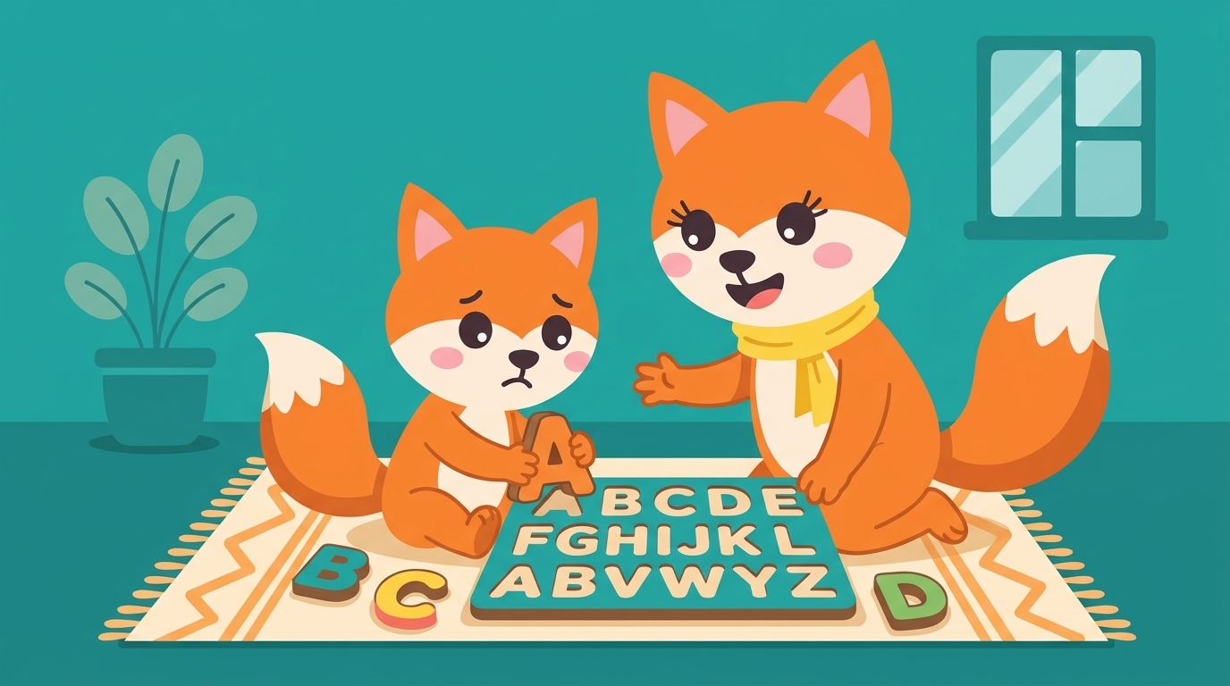 Kiko the Little Fox fitting a chunky alphabet puzzle piece on a rug while Mama Fox smiles and watches.