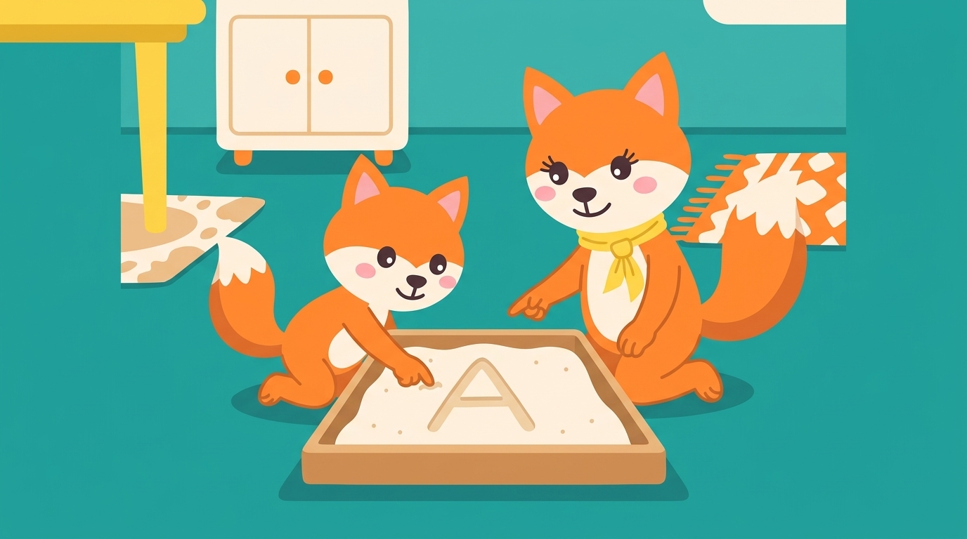 Kiko the Little Fox traces a letter in sand while Mama Fox kneels nearby, smiling and pointing at the shape.