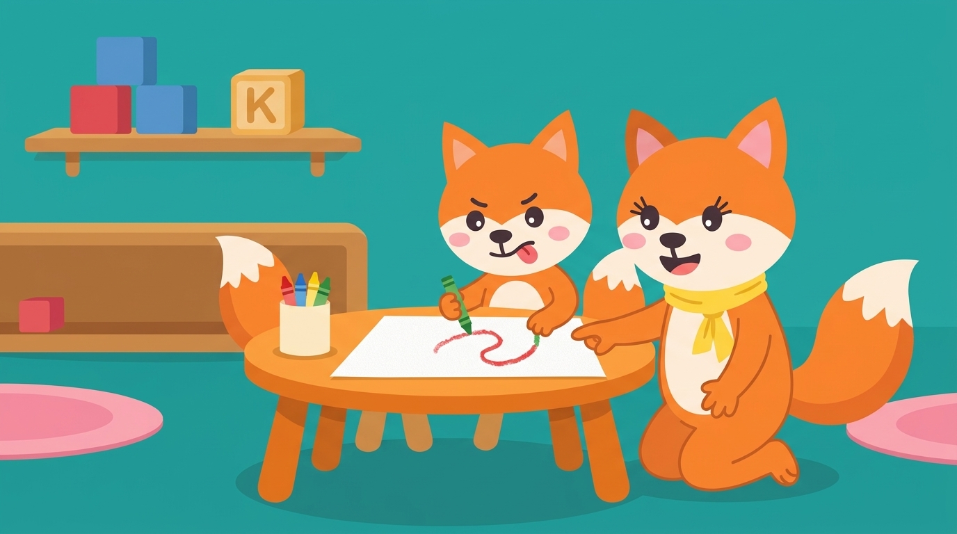 Kiko the Little Fox traces a curvy shape with a green crayon while Mama Fox kneels beside, smiling and encouraging.